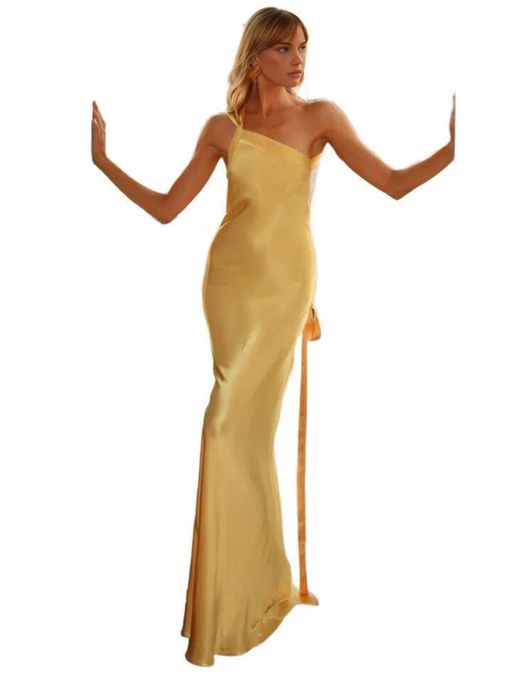 Commense Yellow Satin Asymmetrical Slip Dress XS